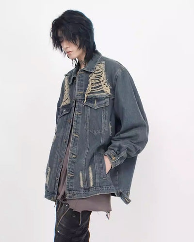 【Mz】Overall mid-length vintage distressed denim jacket MZ0004