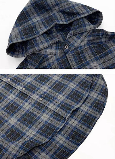 【MICHINNYON】Muted base wash hoodie plus check pattern long sleeve shirt  MY0065