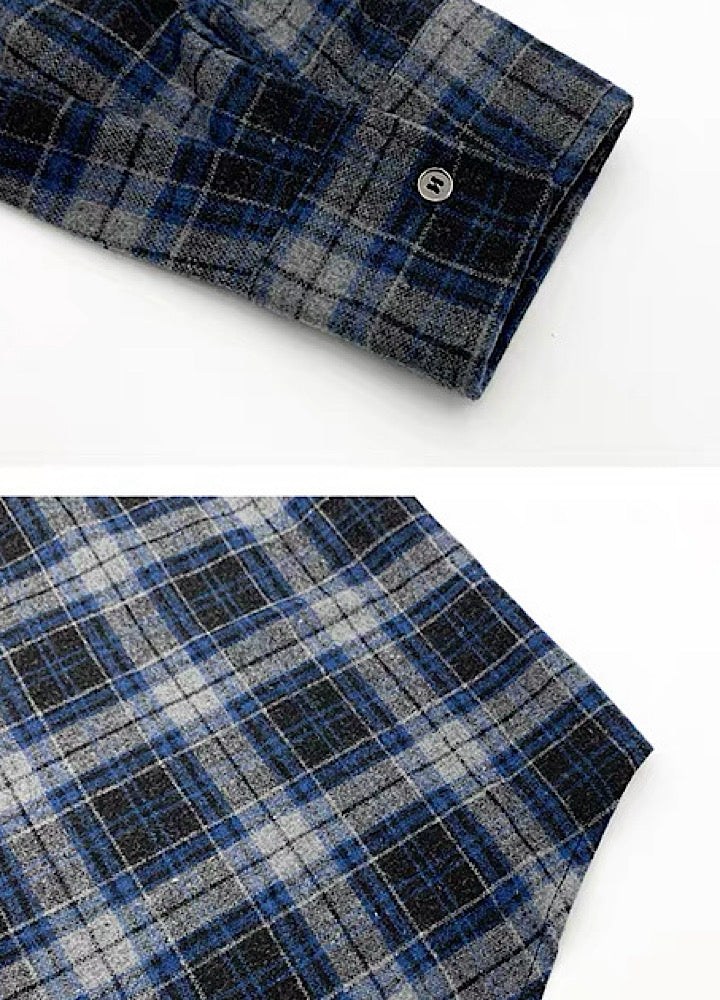 【MICHINNYON】Muted base wash hoodie plus check pattern long sleeve shirt  MY0065