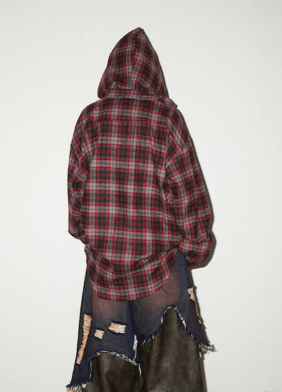 【MICHINNYON】Muted base wash hoodie plus check pattern long sleeve shirt  MY0065