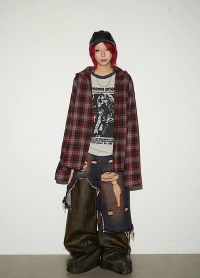 【MICHINNYON】Muted base wash hoodie plus check pattern long sleeve shirt  MY0065