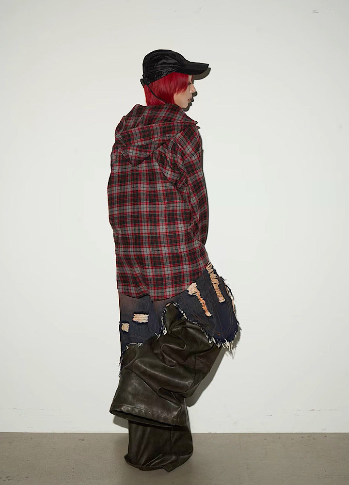 【MICHINNYON】Muted base wash hoodie plus check pattern long sleeve shirt  MY0065