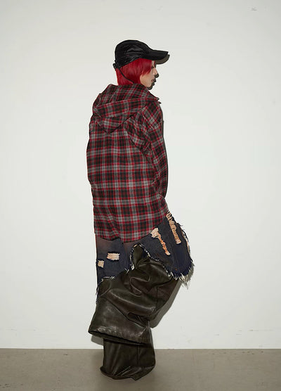 【MICHINNYON】Muted base wash hoodie plus check pattern long sleeve shirt  MY0065