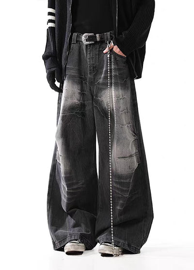 【BLANKIN】Fully washed vintage style wide silhouette black denim pants  BI0002