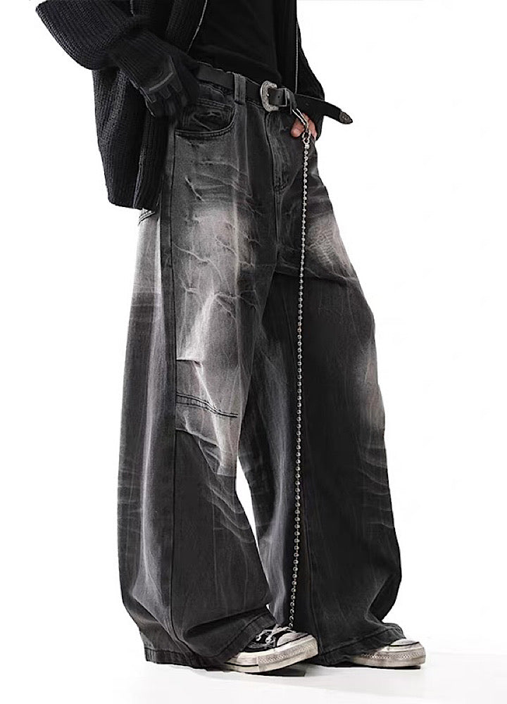 【BLANKIN】Fully washed vintage style wide silhouette black denim pants  BI0002