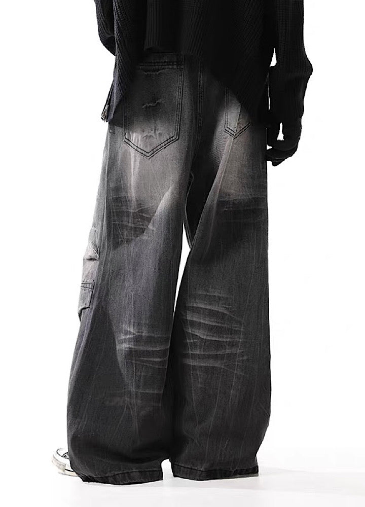 【BLANKIN】Fully washed vintage style wide silhouette black denim pants  BI0002