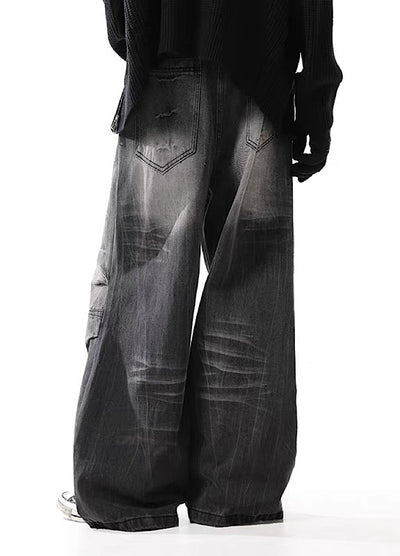 【BLANKIN】Fully washed vintage style wide silhouette black denim pants  BI0002