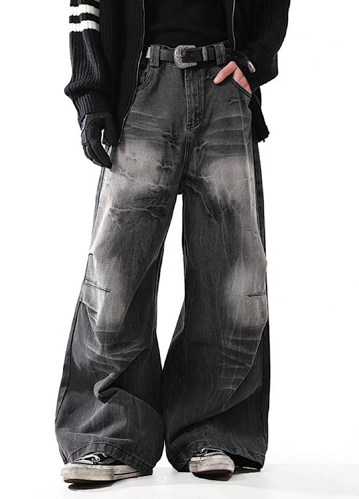 【BLANKIN】Fully washed vintage style wide silhouette black denim pants  BI0002