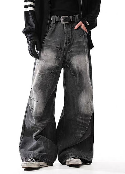 【BLANKIN】Fully washed vintage style wide silhouette black denim pants  BI0002