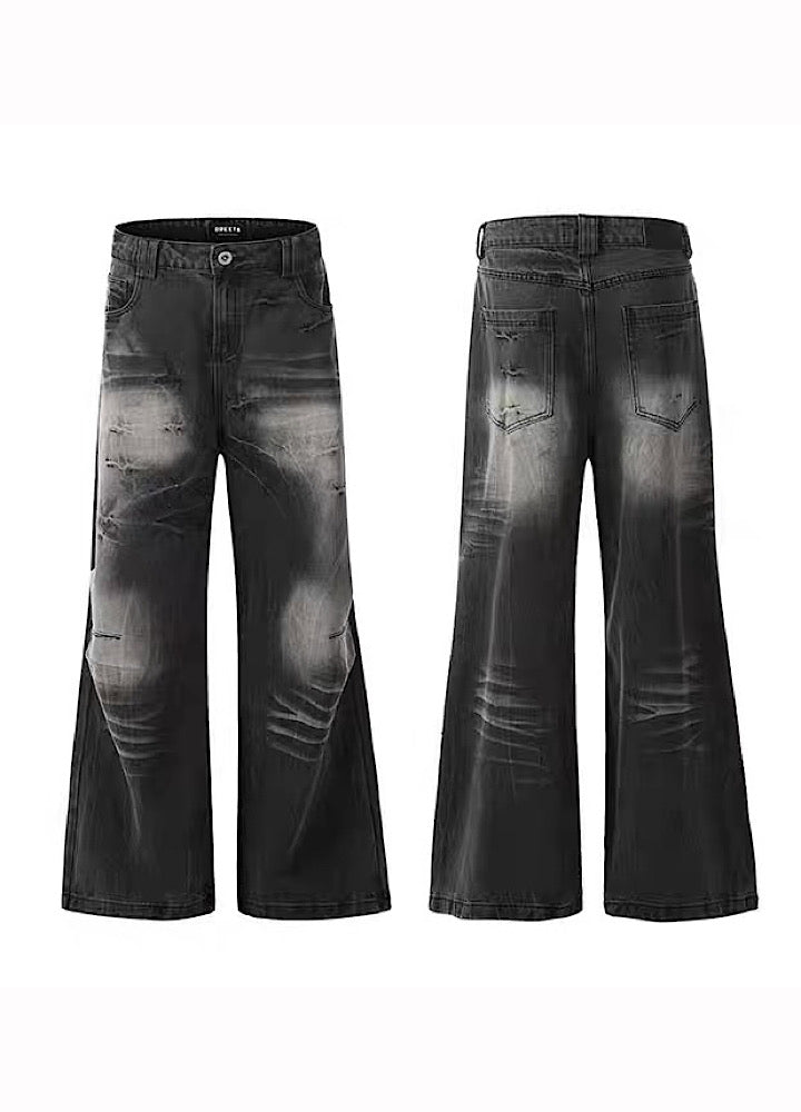 【BLANKIN】Fully washed vintage style wide silhouette black denim pants  BI0002