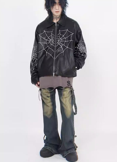 【Mz】Heart spider art design leather jacket MZ0005