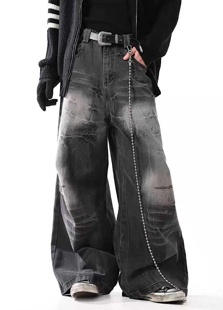 【BLANKIN】Fully washed vintage style wide silhouette black denim pants  BI0002