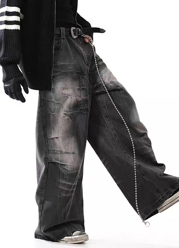 【BLANKIN】Fully washed vintage style wide silhouette black denim pants  BI0002