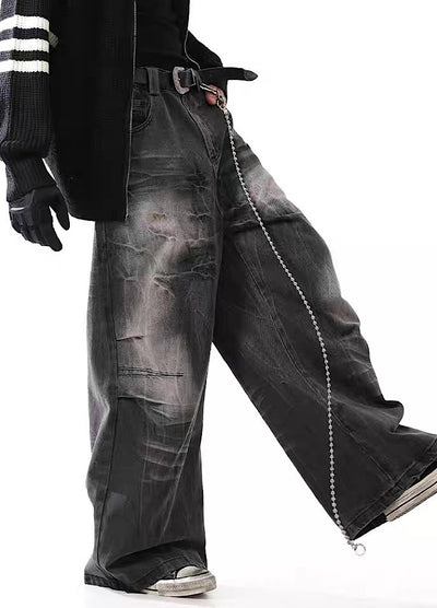 【BLANKIN】Fully washed vintage style wide silhouette black denim pants  BI0002