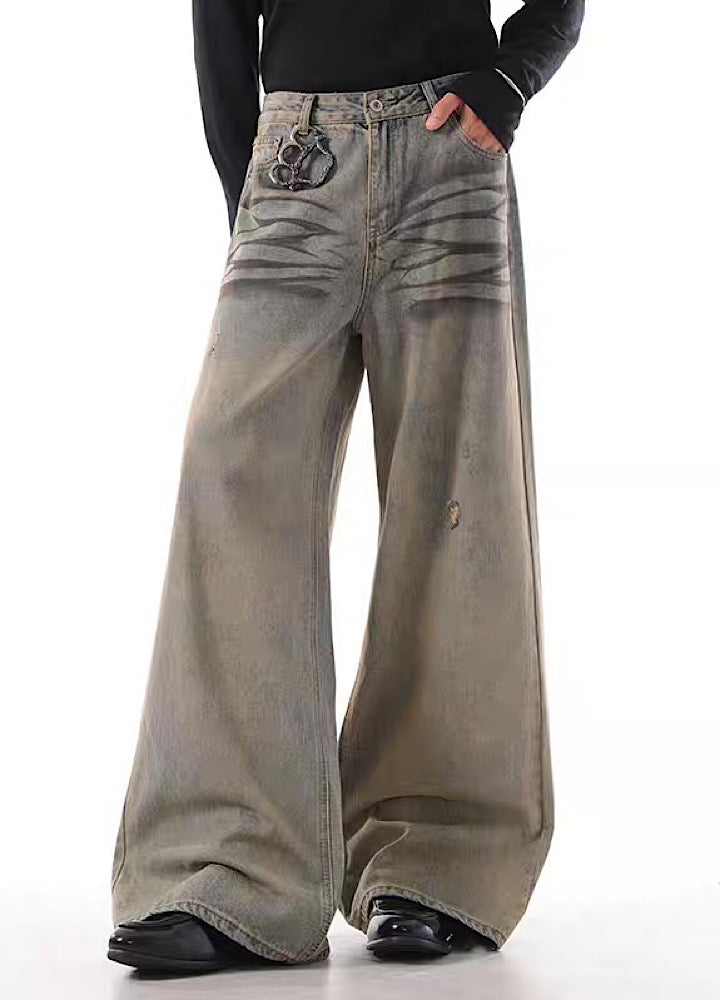 【BLANKIN】Vintage beard wash design faded wide denim pants  BI0003