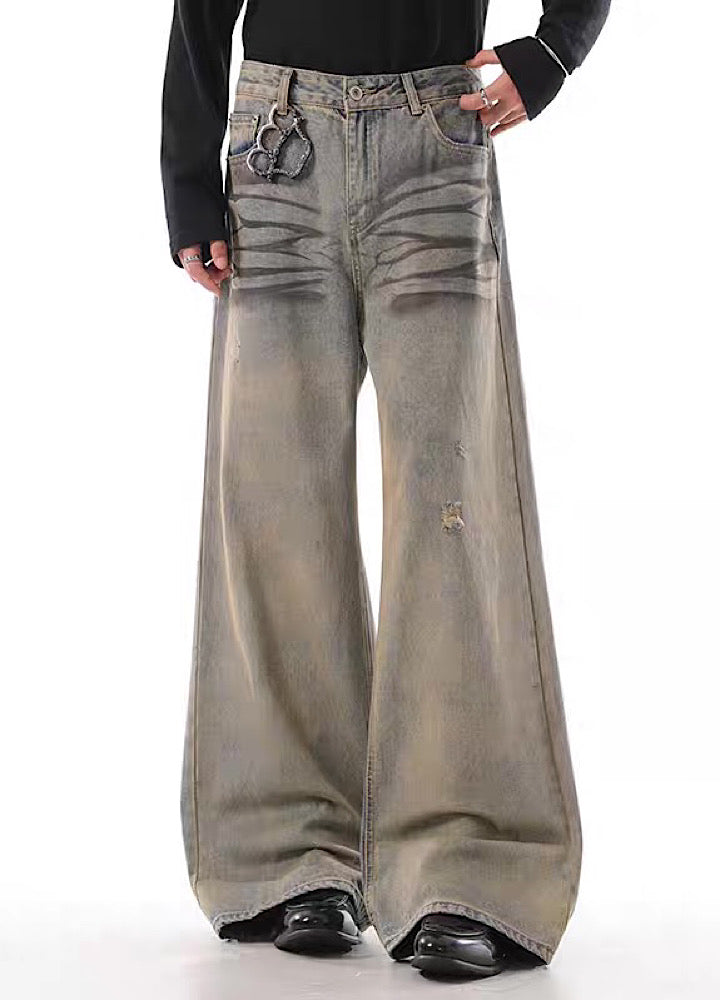 【BLANKIN】Vintage beard wash design faded wide denim pants  BI0003