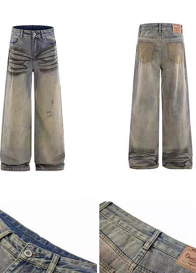 【BLANKIN】Vintage beard wash design faded wide denim pants  BI0003