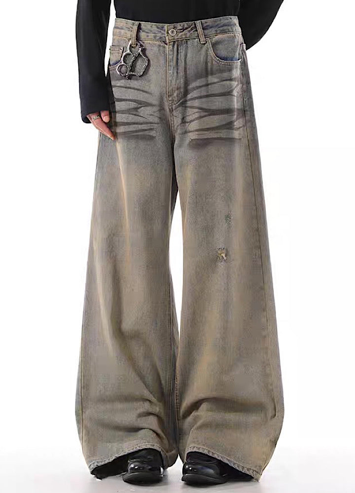 【BLANKIN】Vintage beard wash design faded wide denim pants  BI0003