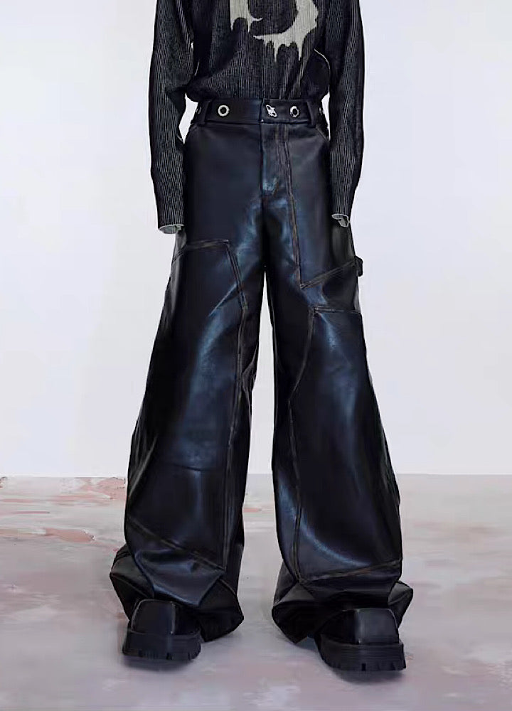 【Culture E】Vintage Straight Line Design Leather Pants  CE0105