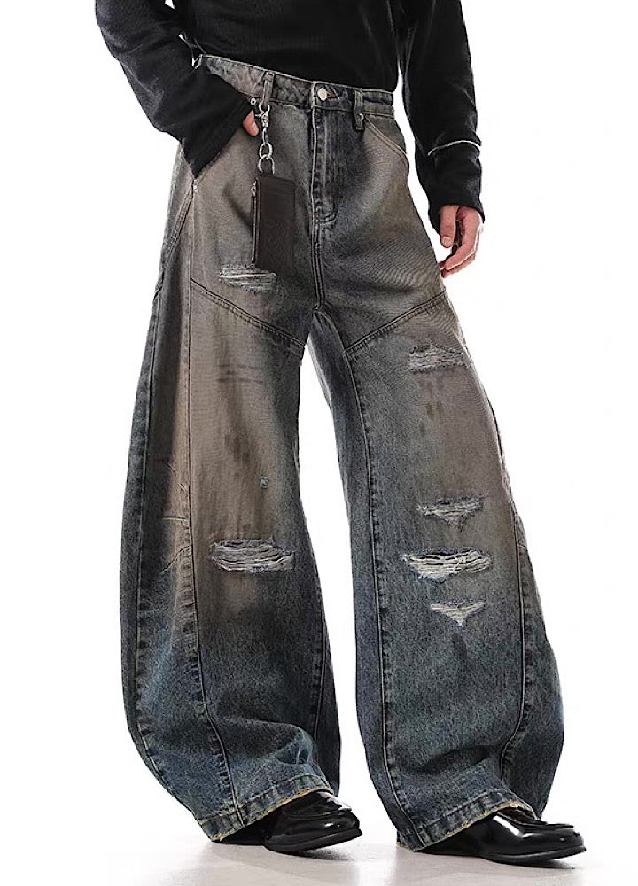 【BLANKIN】Balloon wide silhouette dull wash distressed denim pants  BI0004