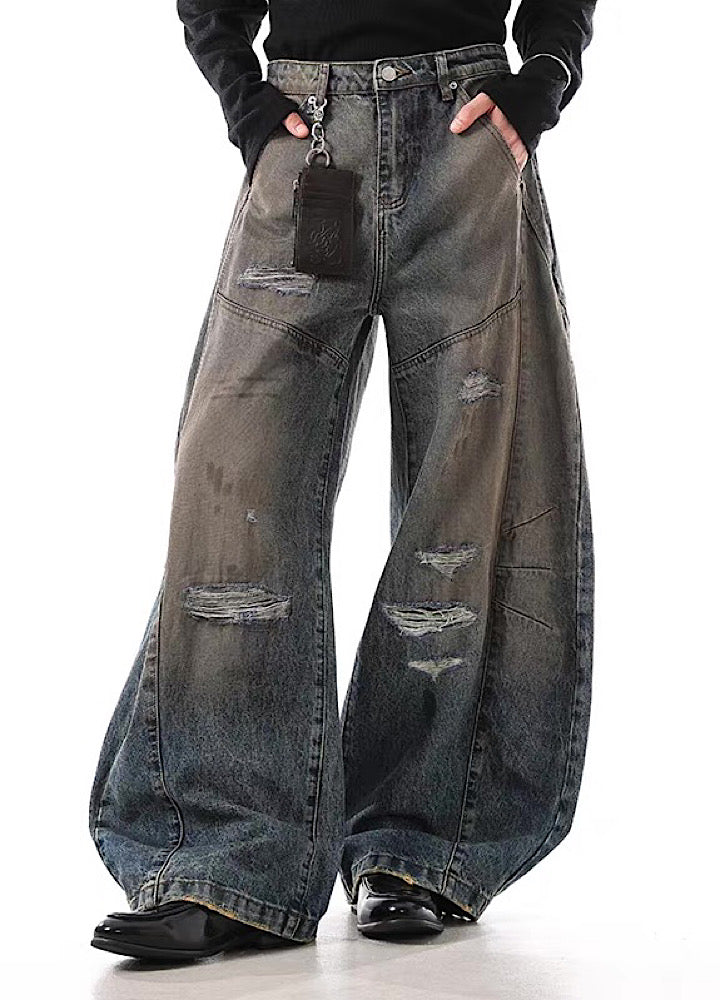 【BLANKIN】Balloon wide silhouette dull wash distressed denim pants  BI0004