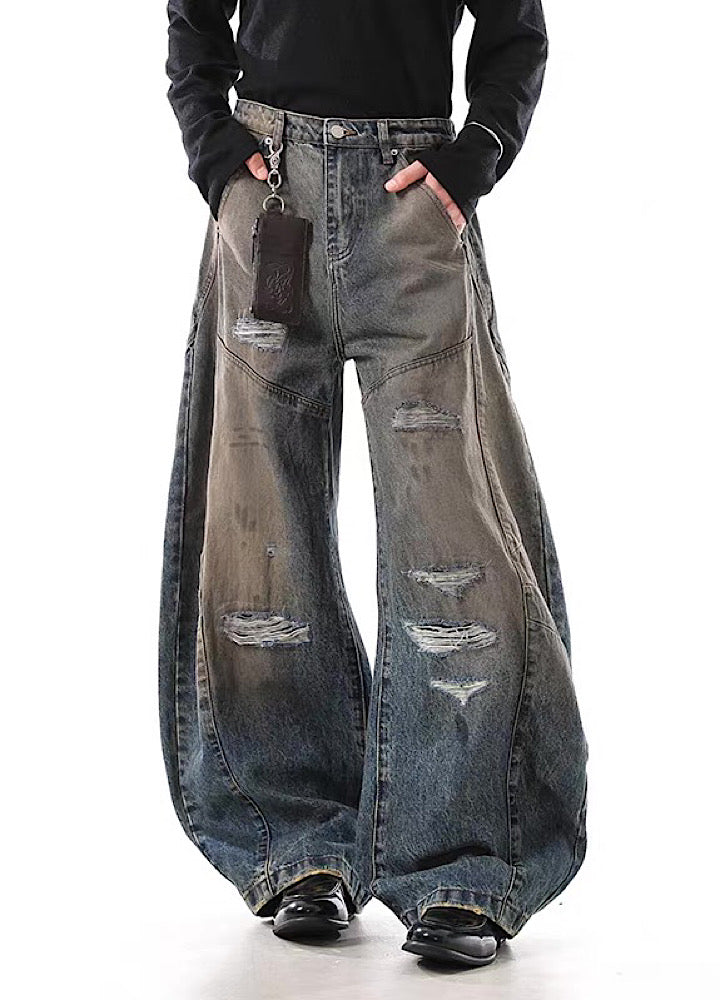 【BLANKIN】Balloon wide silhouette dull wash distressed denim pants  BI0004