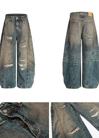 【BLANKIN】Balloon wide silhouette dull wash distressed denim pants  BI0004
