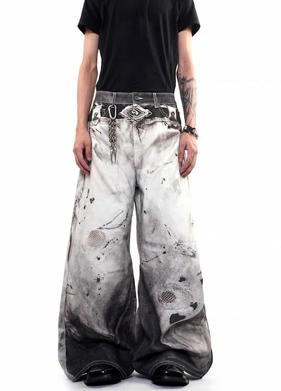 【76street】Monotone Art Print Wide-Leg Denim Pants  ST0036