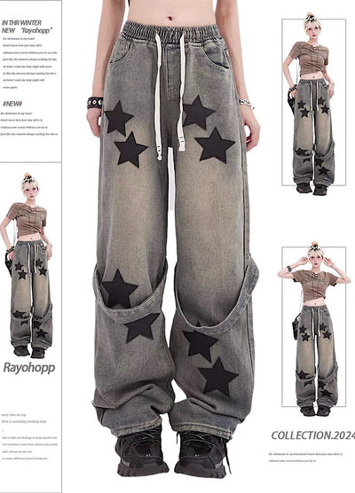 [Rayohopp] Vintage star design suspender low denim pants RH0073