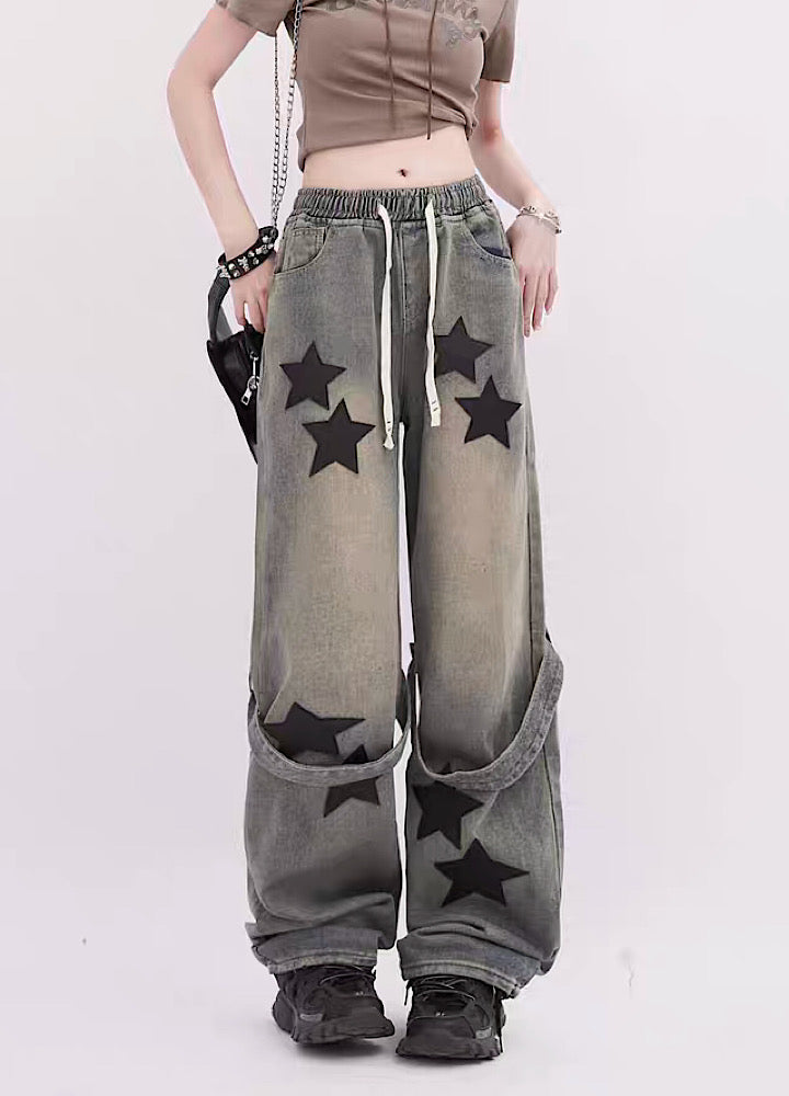 [Rayohopp] Vintage star design suspender low denim pants RH0073