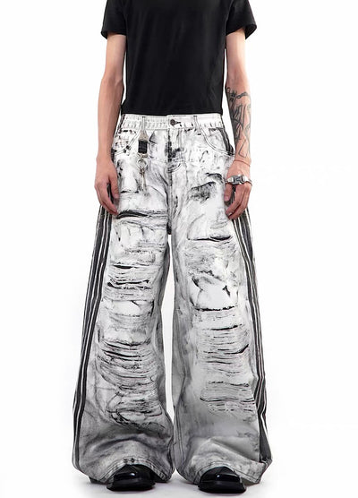 【76street】Monotone Print Distressed Wide-Leg Denim Pants  ST0037