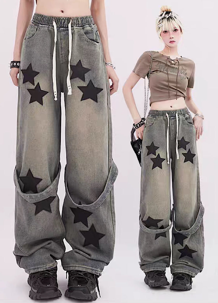 【Rayohopp】Vintage star design suspender low denim pants  RH0073