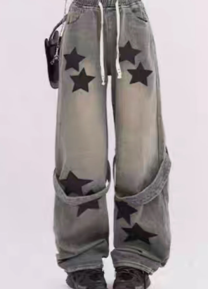 【Rayohopp】Vintage star design suspender low denim pants  RH0073