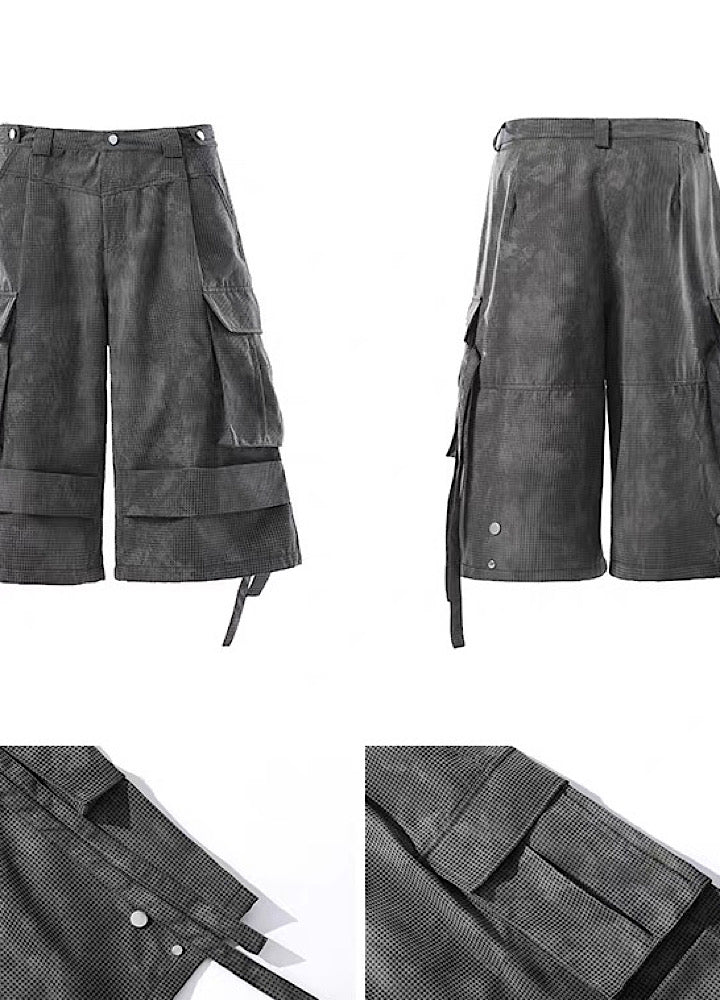 【BLANKIN】Tuck silhouette design gray base cargo style shorts  BI0007