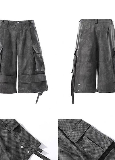 【BLANKIN】Tuck silhouette design gray base cargo style shorts  BI0007