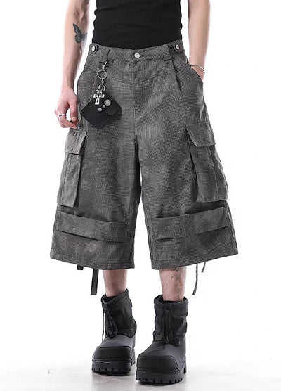 【BLANKIN】Tuck silhouette design gray base cargo style shorts  BI0007