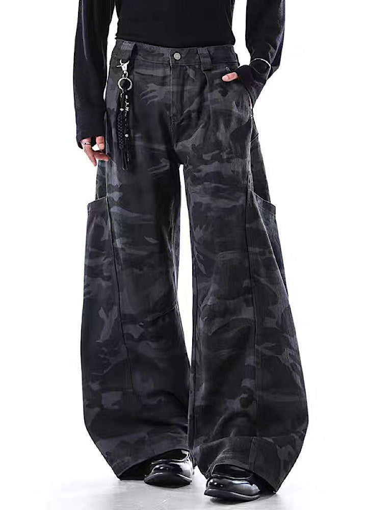 【BLANKIN】Simple wide silhouette side pocket blue camouflage pants  BI0008