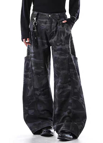 【BLANKIN】Simple wide silhouette side pocket blue camouflage pants  BI0008