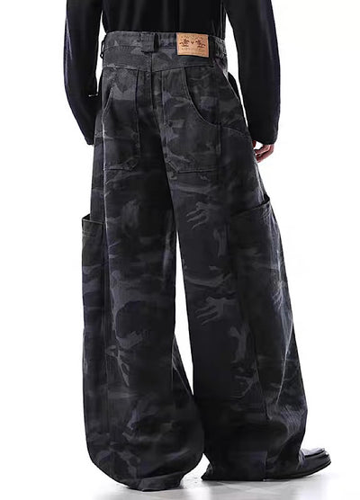 【BLANKIN】Simple wide silhouette side pocket blue camouflage pants  BI0008