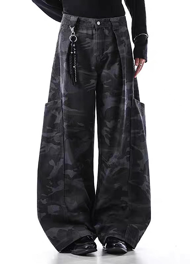 【BLANKIN】Simple wide silhouette side pocket blue camouflage pants  BI0008