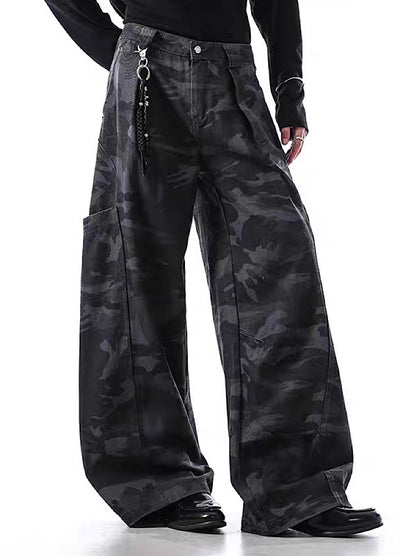 【BLANKIN】Simple wide silhouette side pocket blue camouflage pants  BI0008