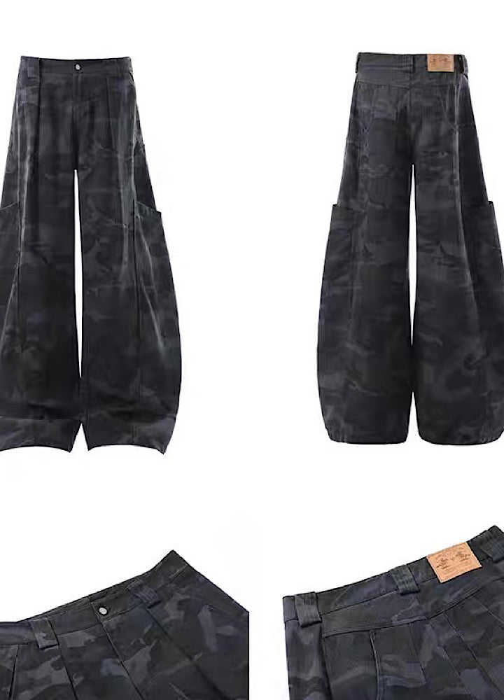 【BLANKIN】Simple wide silhouette side pocket blue camouflage pants  BI0008