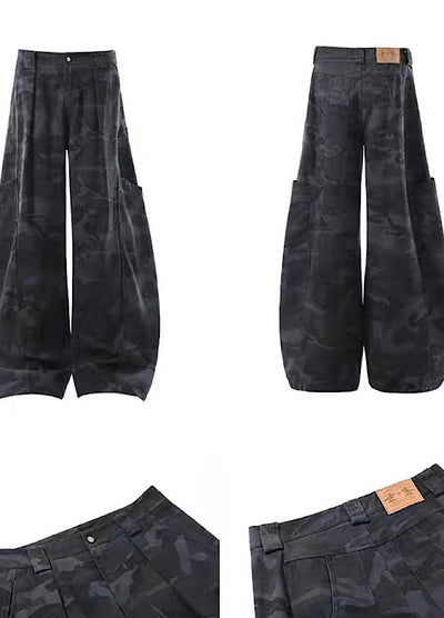 【BLANKIN】Simple wide silhouette side pocket blue camouflage pants  BI0008