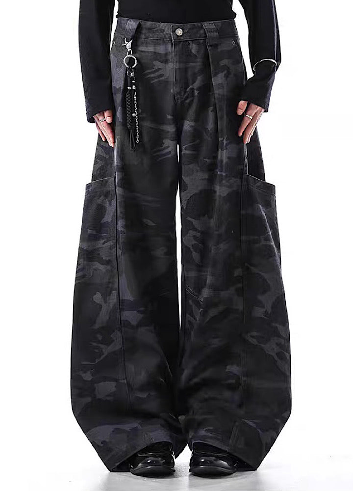 【BLANKIN】Simple wide silhouette side pocket blue camouflage pants  BI0008