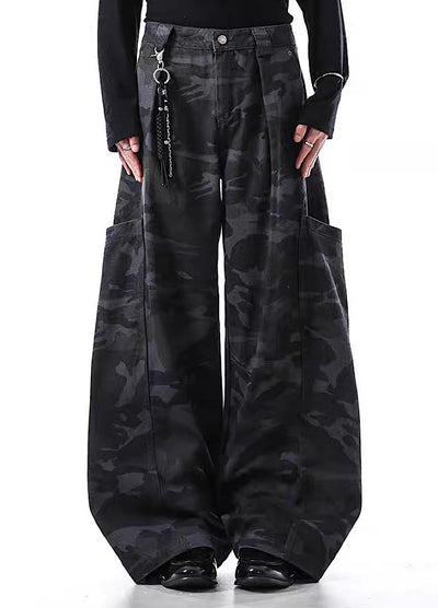 【BLANKIN】Simple wide silhouette side pocket blue camouflage pants  BI0008