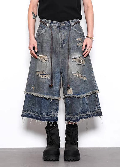 【BLANKIN】Layered style gimmick design damaged wash denim shorts  BI0009