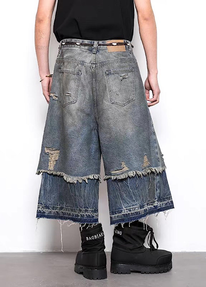【BLANKIN】Layered style gimmick design damaged wash denim shorts  BI0009