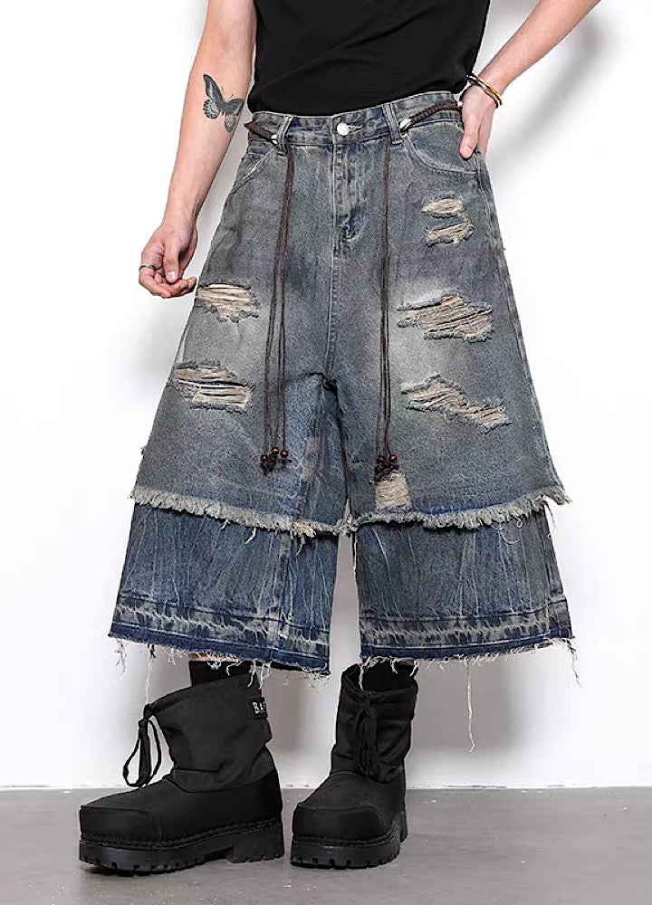 【BLANKIN】Layered style gimmick design damaged wash denim shorts  BI0009
