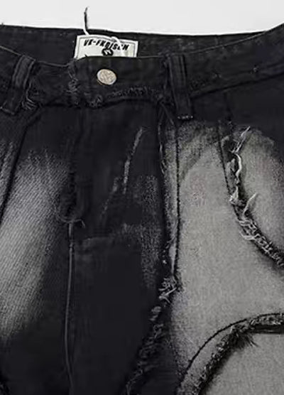 [Rayohopp] Spelaide over fringe distressed design washed denim pants RH0075