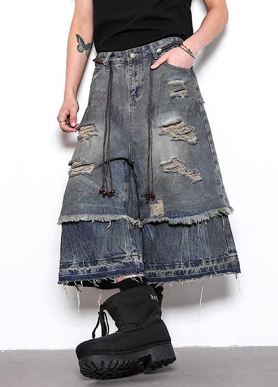 【BLANKIN】Layered style gimmick design damaged wash denim shorts  BI0009